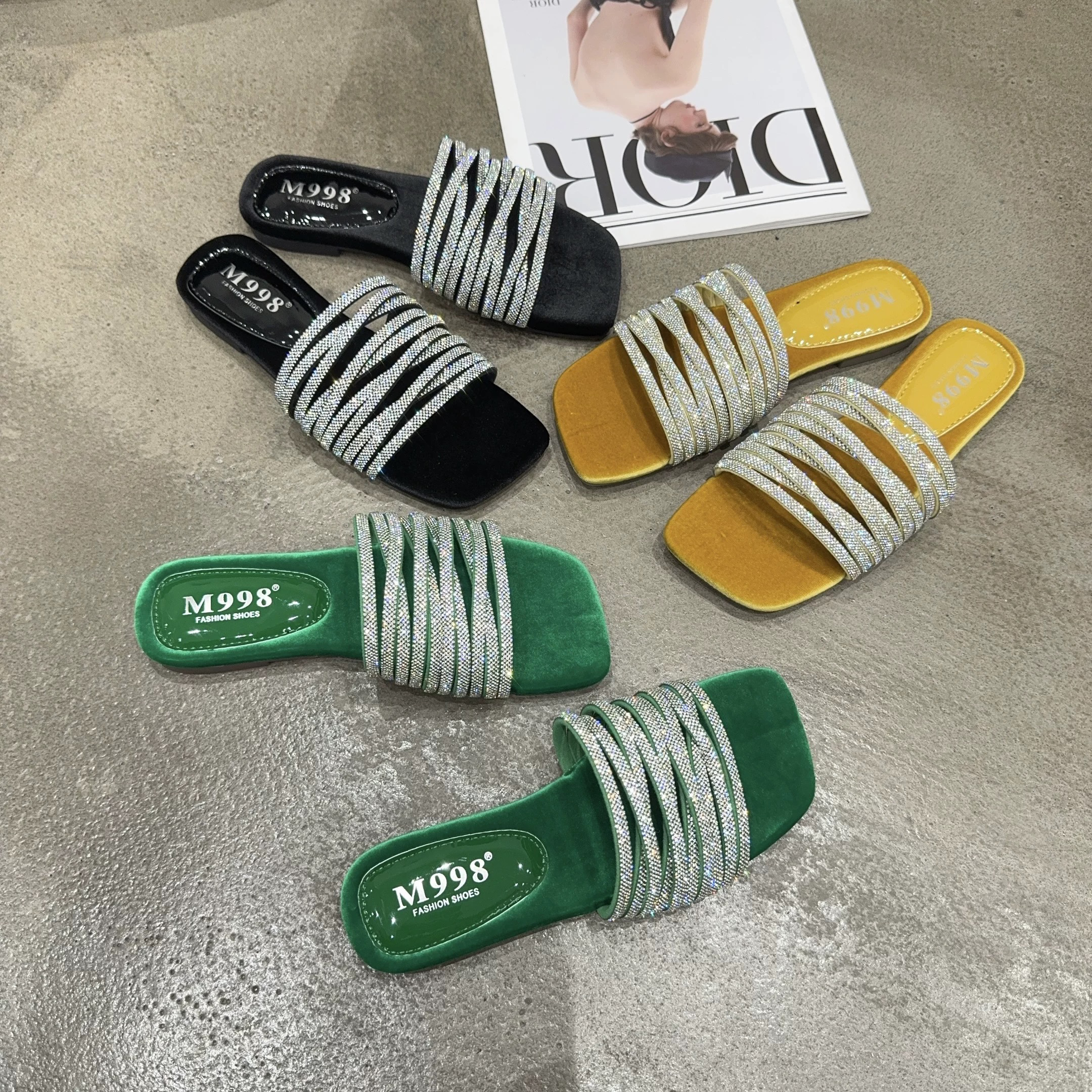 170-6 夏季新品女水钻方头露趾平底凉拖外穿名媛气质时尚潮