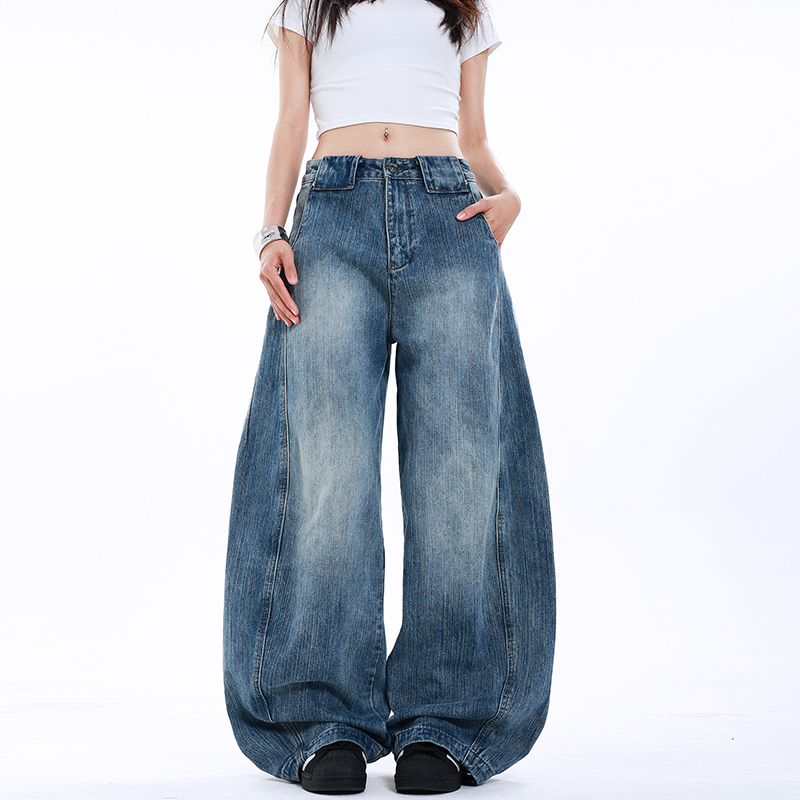 CDDR美式水洗竹节纹弯刀牛仔裤baggy宽松阔腿镰刀裤男女cleanfit