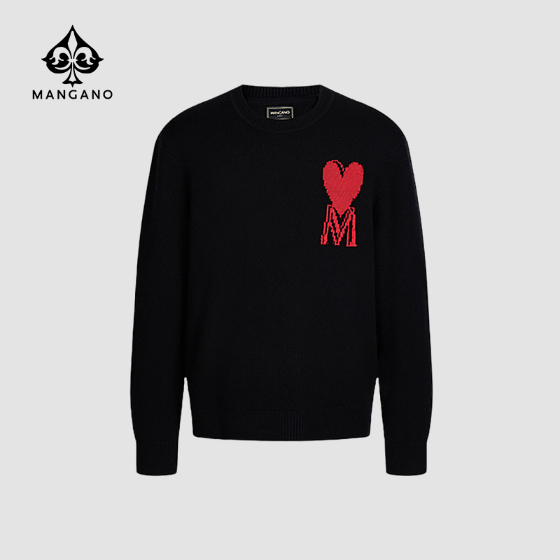 曼加龙25年秋冬爱心提花100进口绵羊毛时尚个性字母男羊毛衫8255