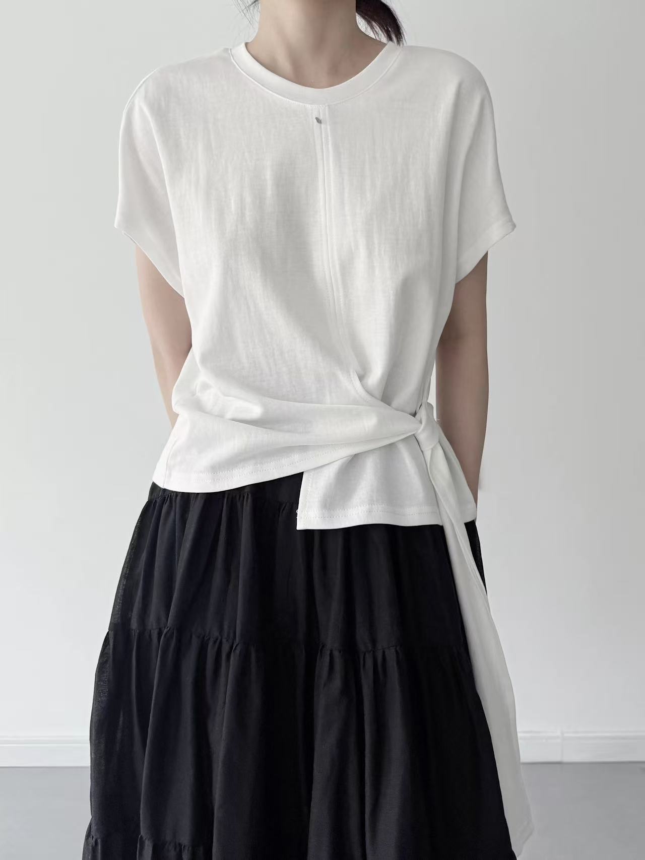 小孟~夏季气质叛逆风女式修身绑带不规则T恤503