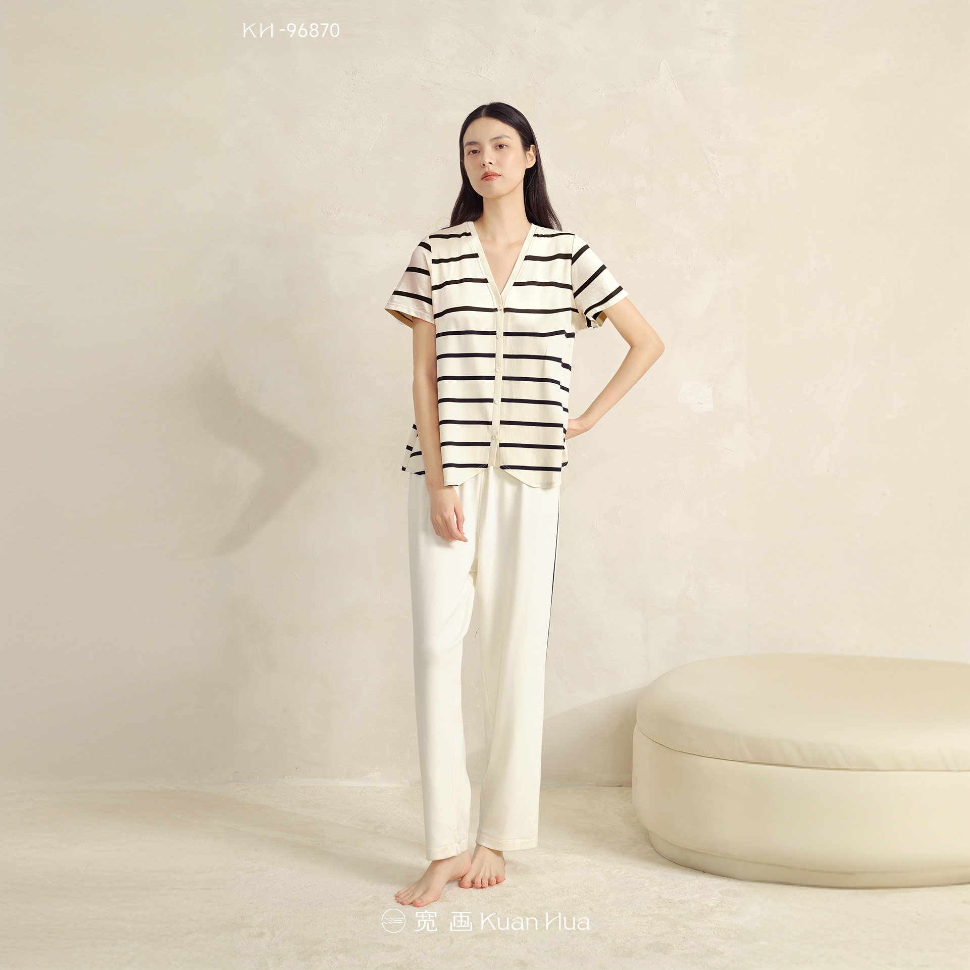 宽画居家-女士短袖条纹薄款休闲夏季时尚运动长裤套装96870