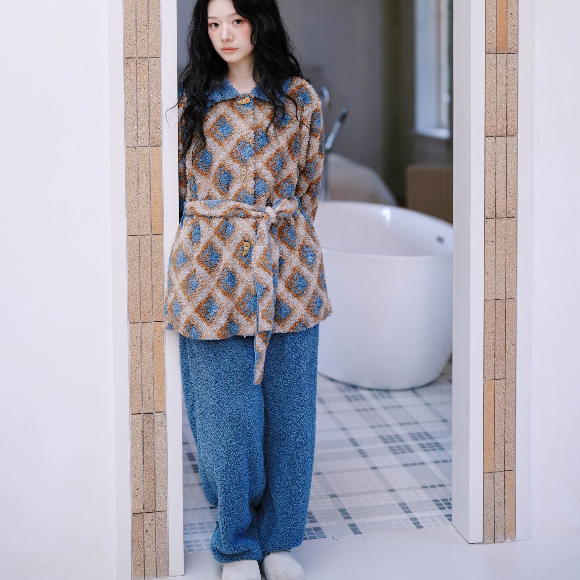 【小薇专属】朵朵可可252-052睡衣秋冬小翻领格纹系带家居套装