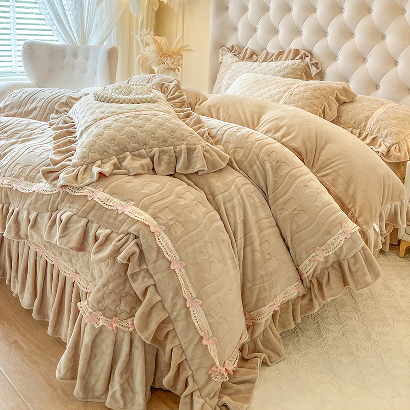 皇后娘娘韩版荷叶边床盖款四件套牛奶绒双面绒公主风冬季加厚被套