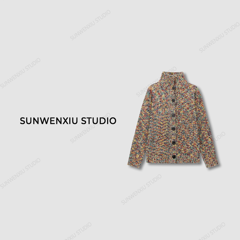 swx studio5店 “糖豆毛衣”趣味彩色斑点纽扣立领秋冬保暖毛衣
