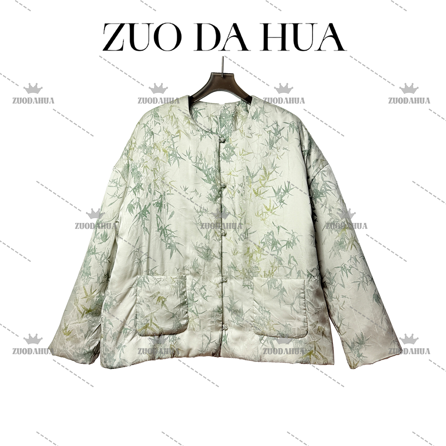 左大花 东方雅韵竹叶提花棉服女秋冬穿搭国风印花桑蚕丝棉衣