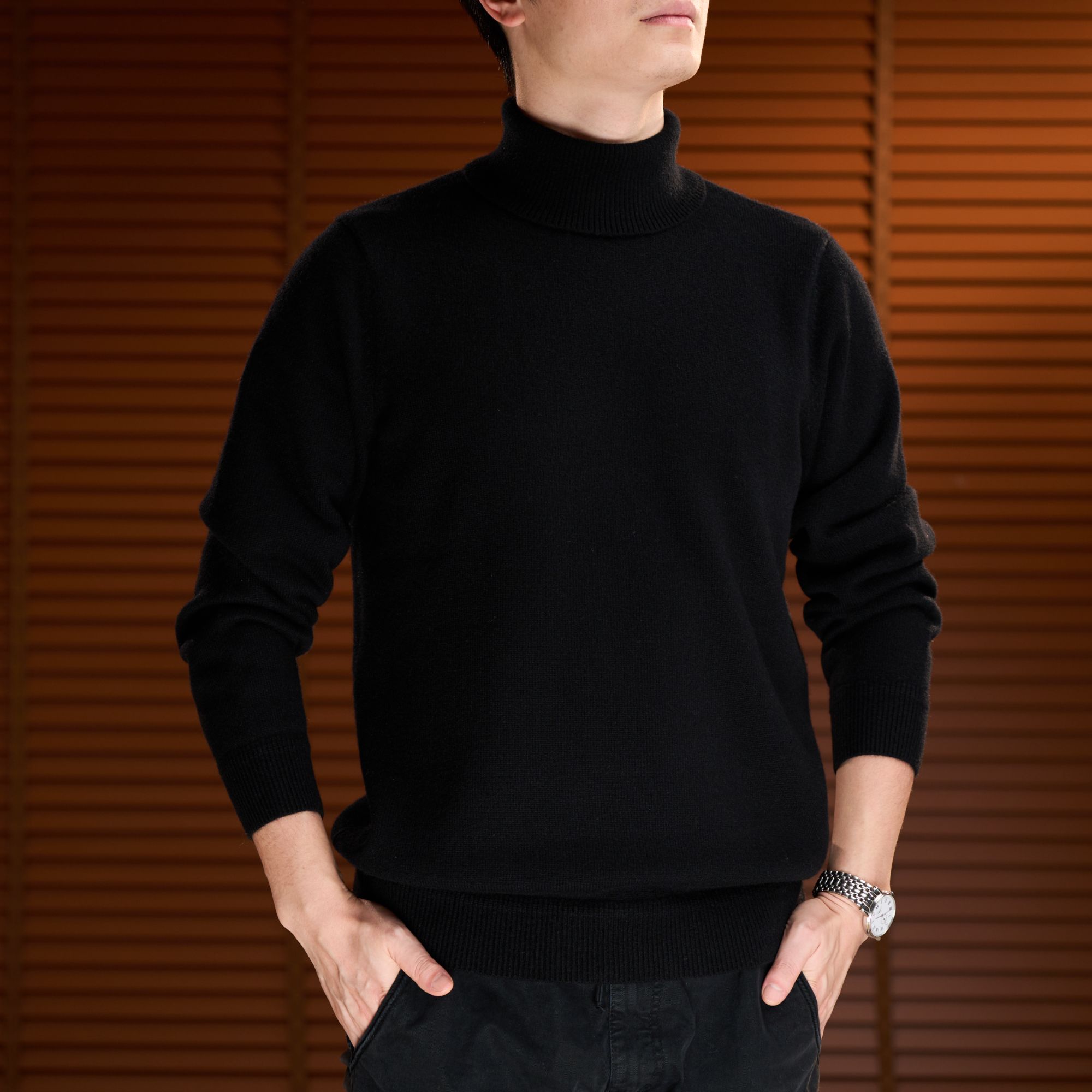 【奢品羊绒】男士精纺羊绒68支四平针三股翻领男款羊绒衫打底