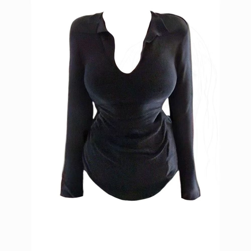 （大哈哈）大码胖M纯欲风显瘦内搭打底衫黑色V领长袖T恤女上衣25108