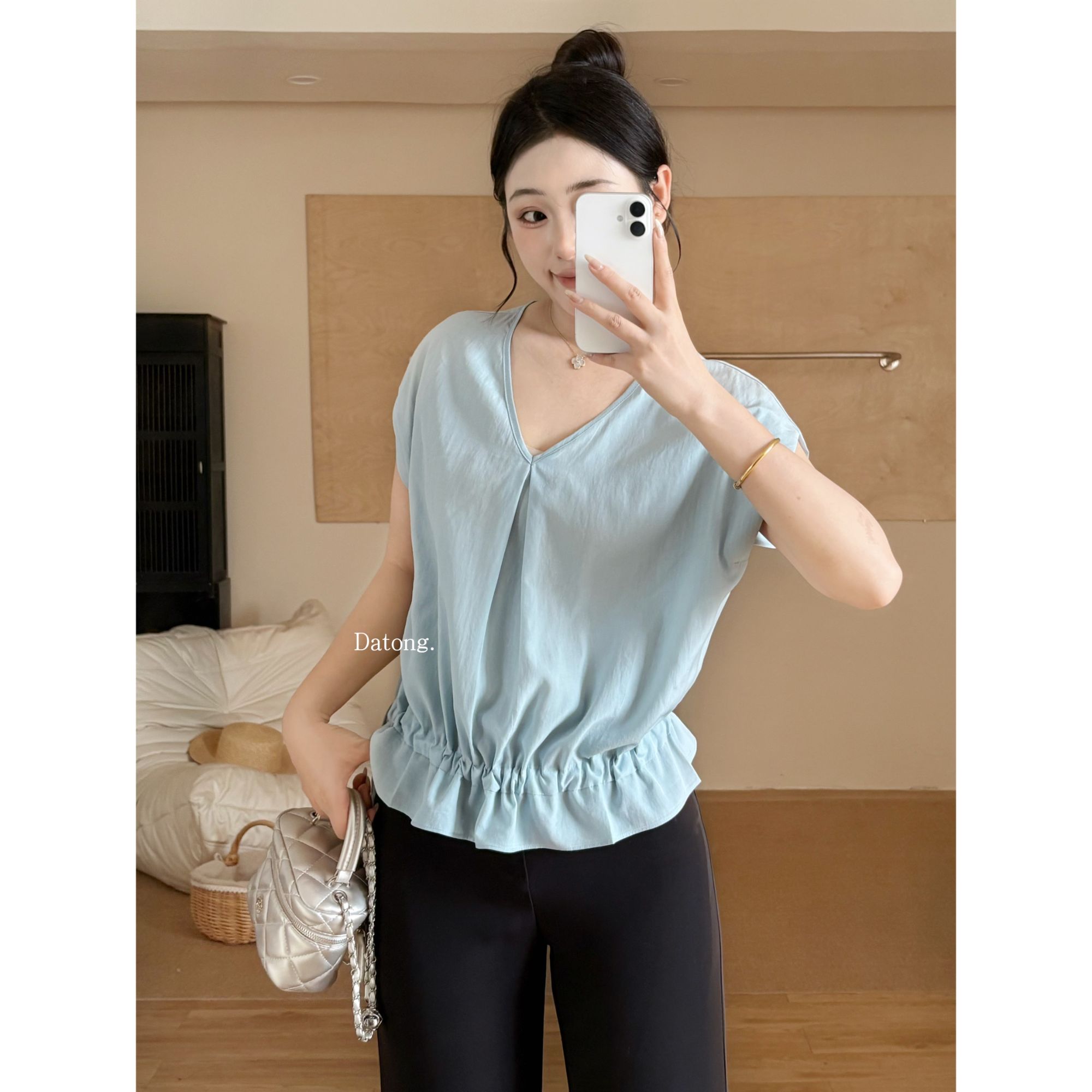 【Datong】韩系V领抽绳精致衬衫收腰花边设计上衣