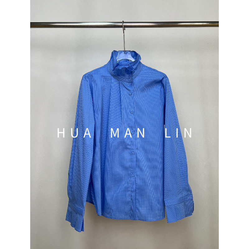【花满林】立领正门襟上衣蓝色格子长袖上衣28861