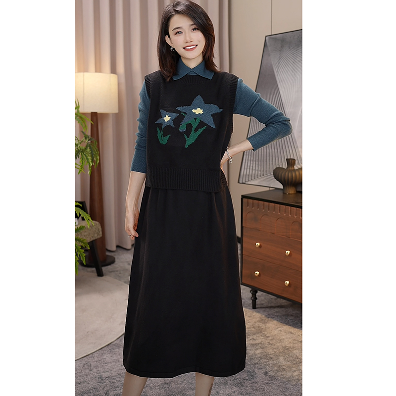 nuobeiyin/诺贝因冬季洋气提花针织马甲连衣裙两件套装 NAMM1996