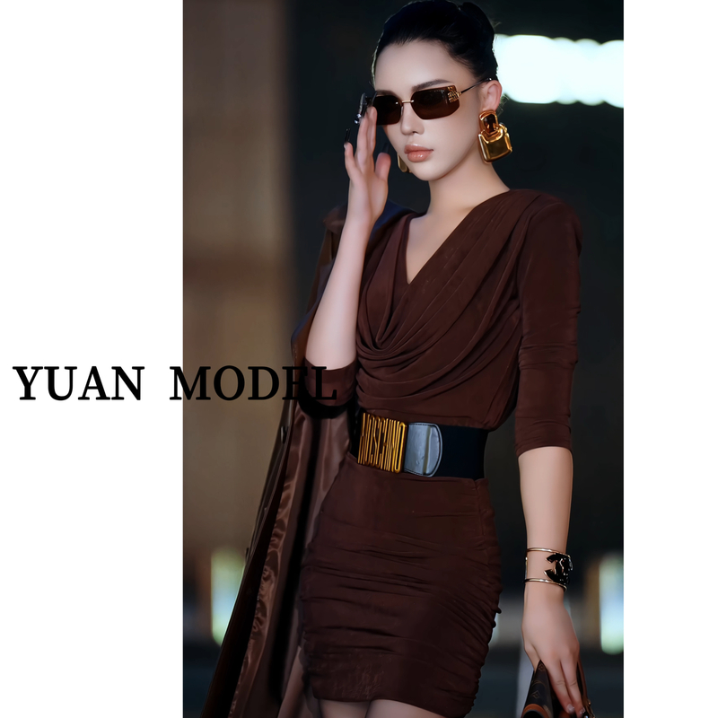 YUAN MODEL/媛老板-【绝美身材】气质堆堆荡领收腰连衣裙女装090935