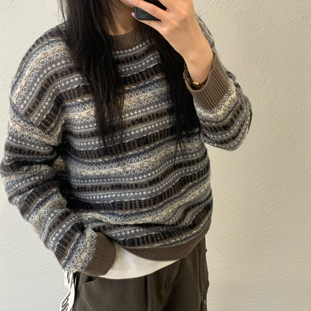 anand100%羊毛费尔岛毛衣女圆领日系提花秋冬常规毛针织衫冬季ins