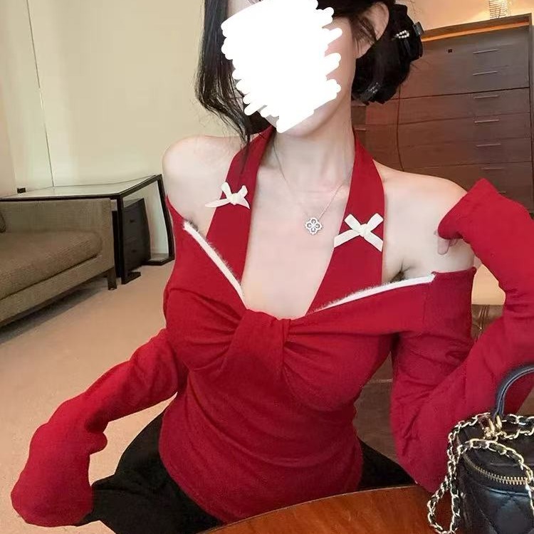[胖鹅张]纯欲小心机蝴蝶结挂脖上衣 #1085[实物以直播间展示为准]