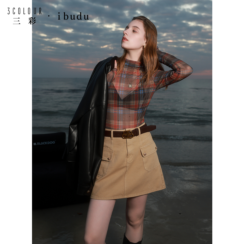 【小北专属】三彩ibudu2025春季新款格纹印花网纱T恤dbx