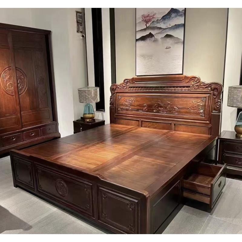 （高箱储物床）南美壇木1.8米双人床古典雕花抽屉高箱储物床主卧