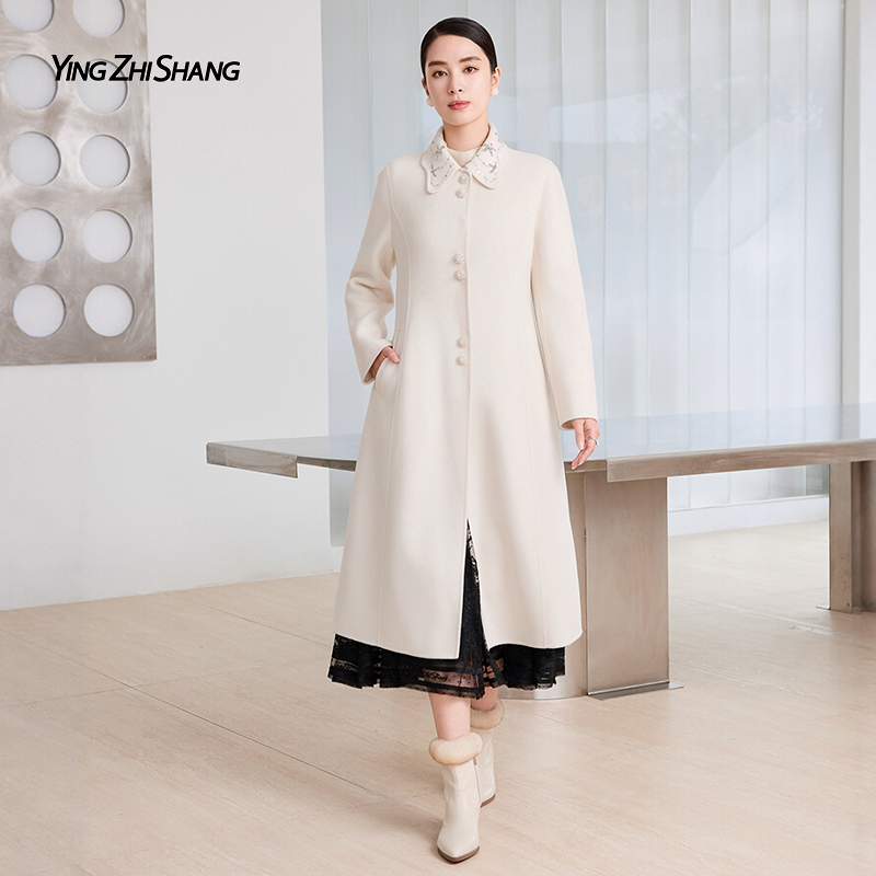 赢智尚2025冬新款椰奶米白色贵气长款大衣女气质时尚ZL00363