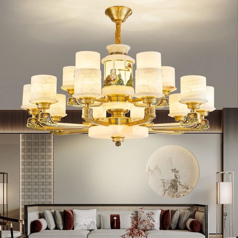 新中式全铜真玉石吊灯翻砂铜灯臂豪华别墅复式楼客厅灯新款玉石灯