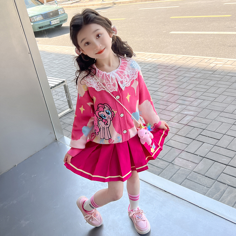 小马宝莉女童毛衣开衫百褶裙套装2025款儿童春装韩系宝宝jk三件套