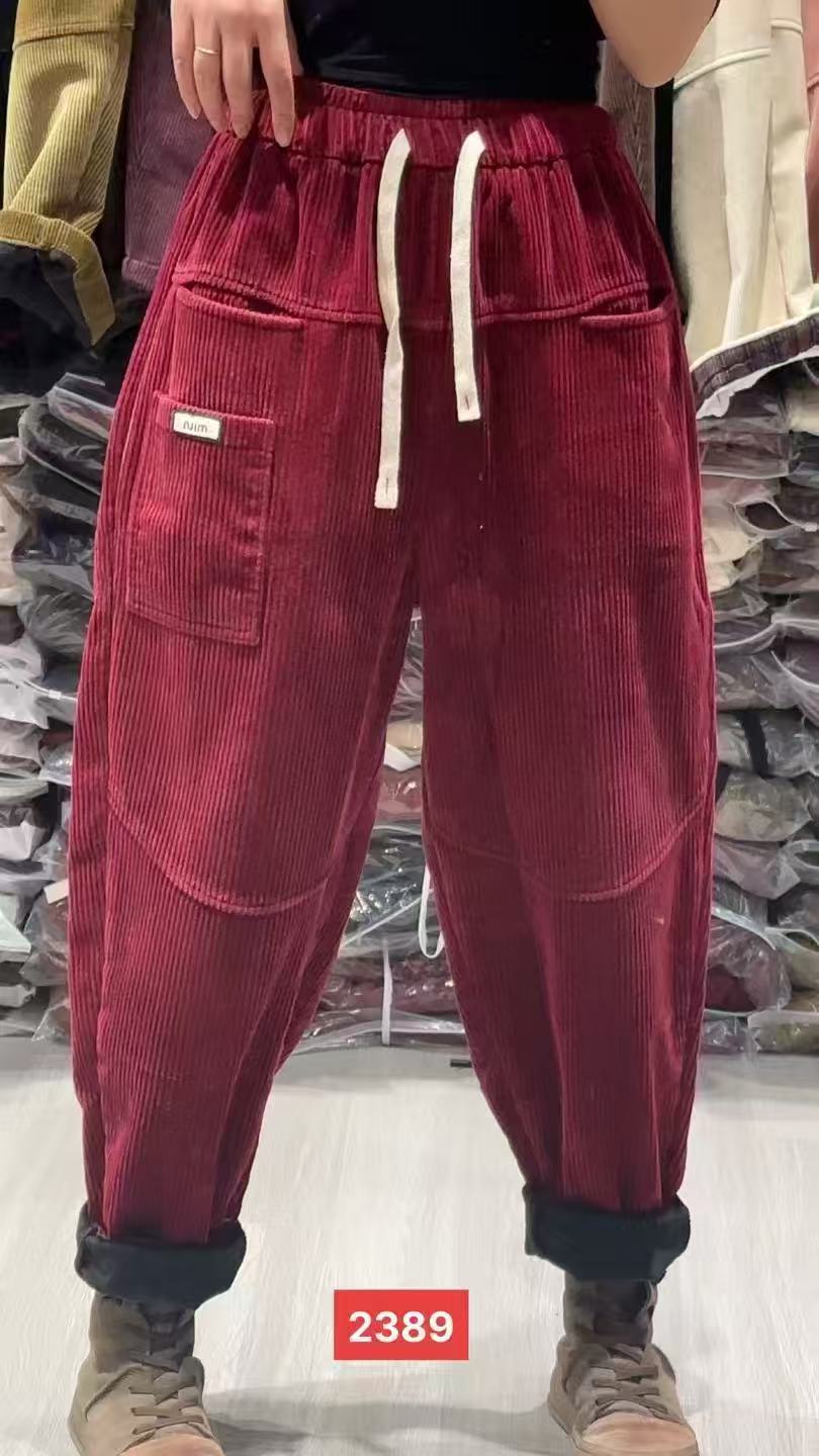 时尚口袋白标灯芯绒加绒裤子