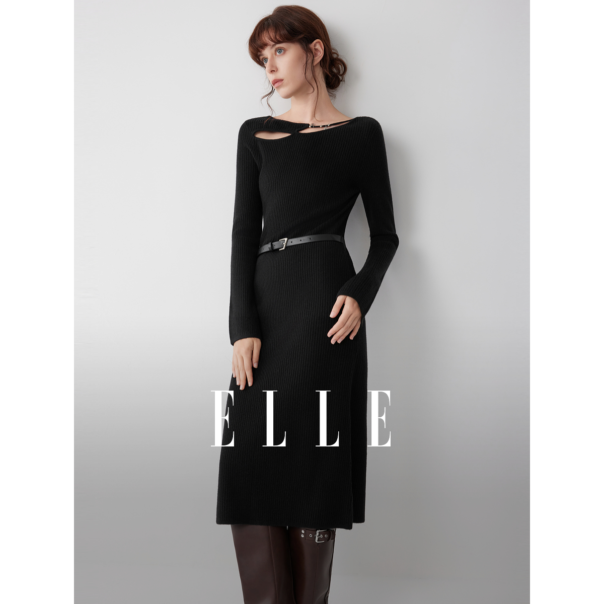 ELLE女装黑色不规则一字领针织连衣裙2025秋新款收腰裙子EL52653
