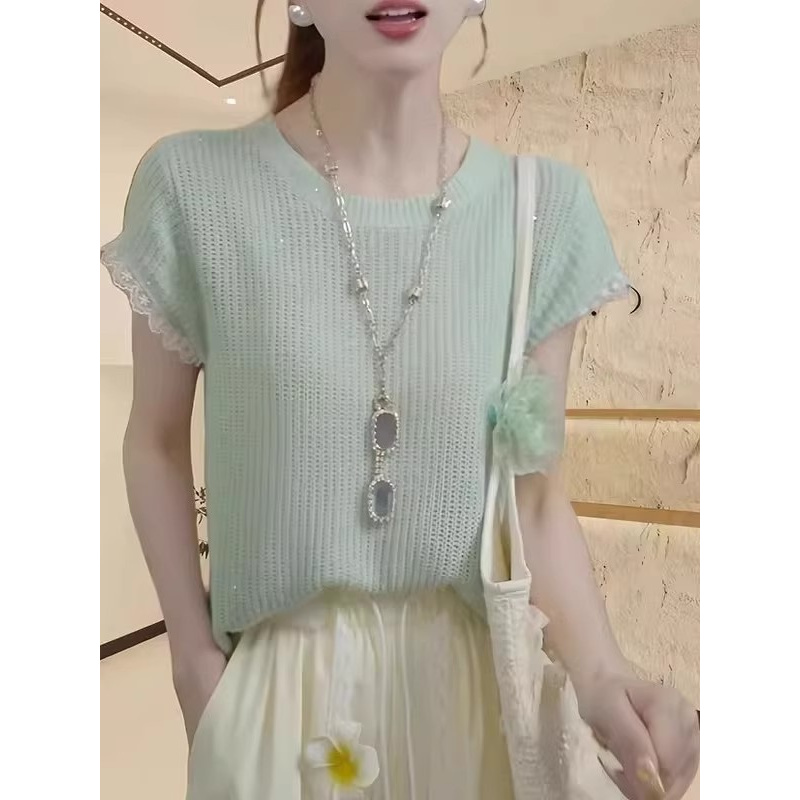 新款镂空蕾丝边小飞袖针织衫女夏季薄款显瘦独特高颜值时尚睡衣女