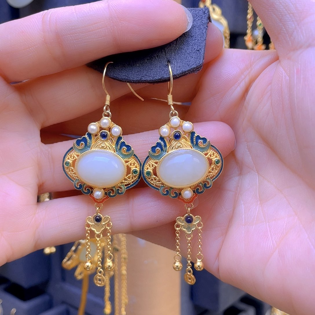 和田玉耳饰银S925镀金镶嵌