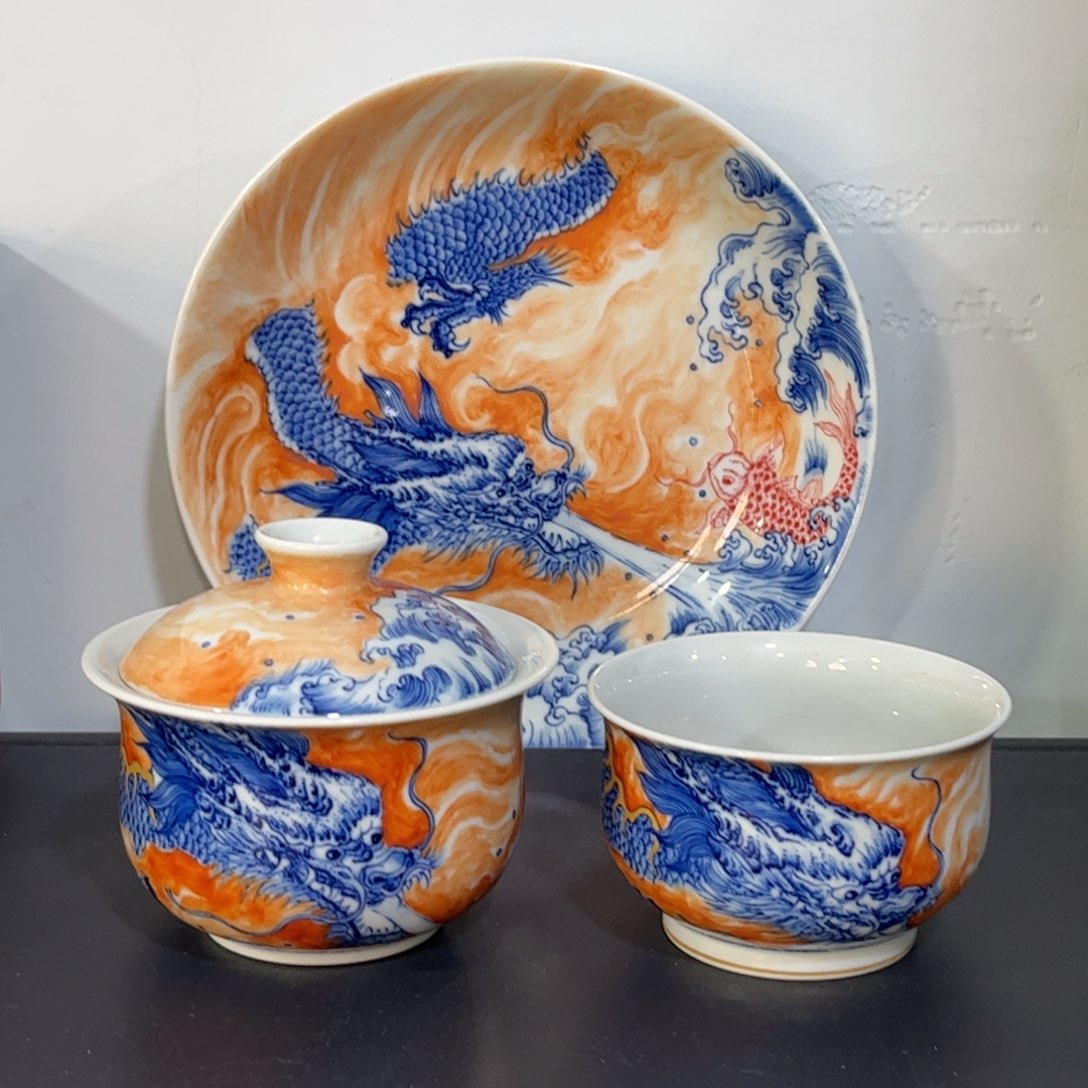 青花矾红错金银鱼化龙三件套 可拆分