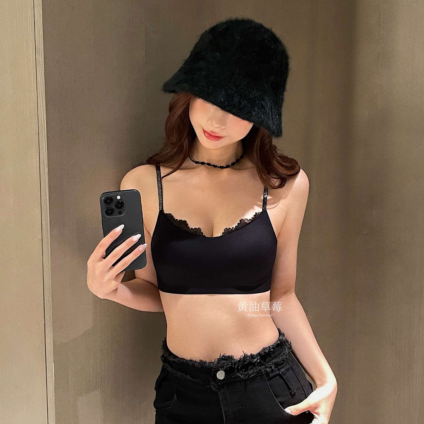 黄油草莓纯欲蕾丝细闪肩带无痕内衣女小胸抹胸美背舒适薄款文胸罩