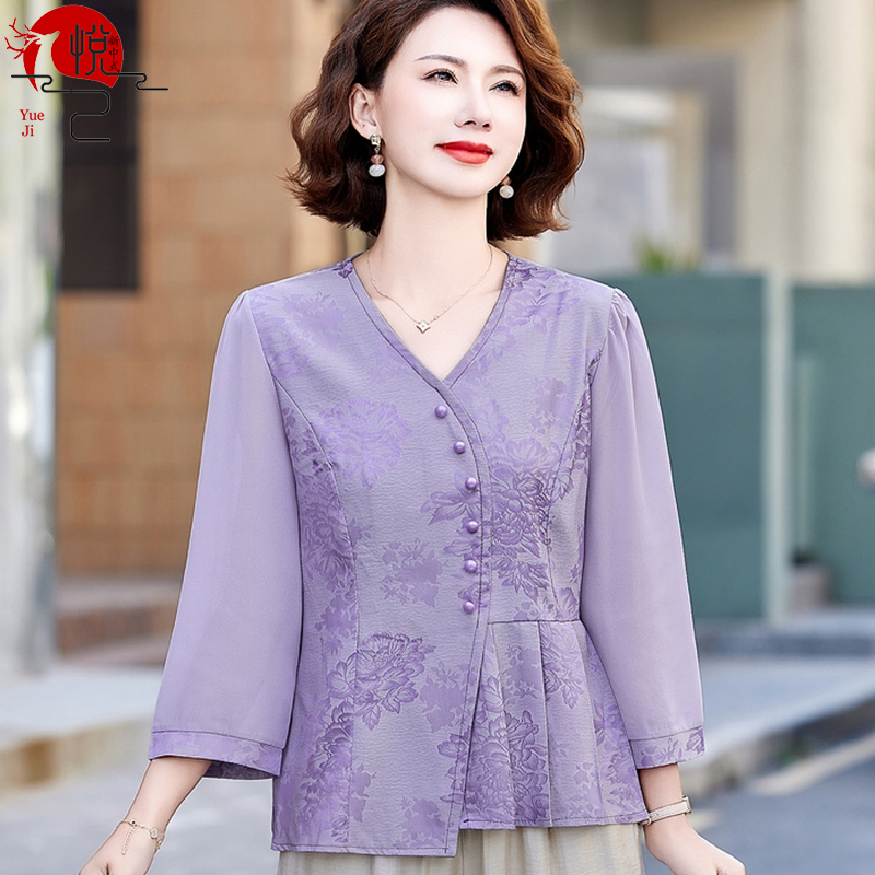 中老年妈妈装夏季新款中式套装复古显瘦时尚上衣母亲节礼物5220