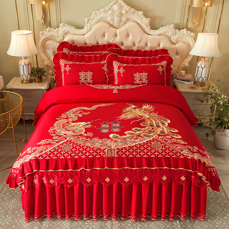 【纯棉】高端刺绣全棉大红色婚庆结婚喜事喜庆夹棉床罩床裙四件套