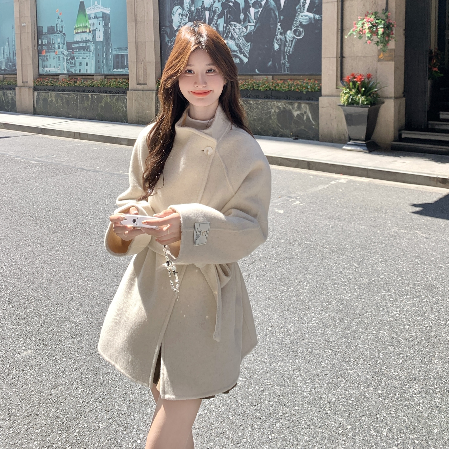 2025冬季超好看双面羊毛绒大衣女短款小个子收腰系带显瘦毛呢外套