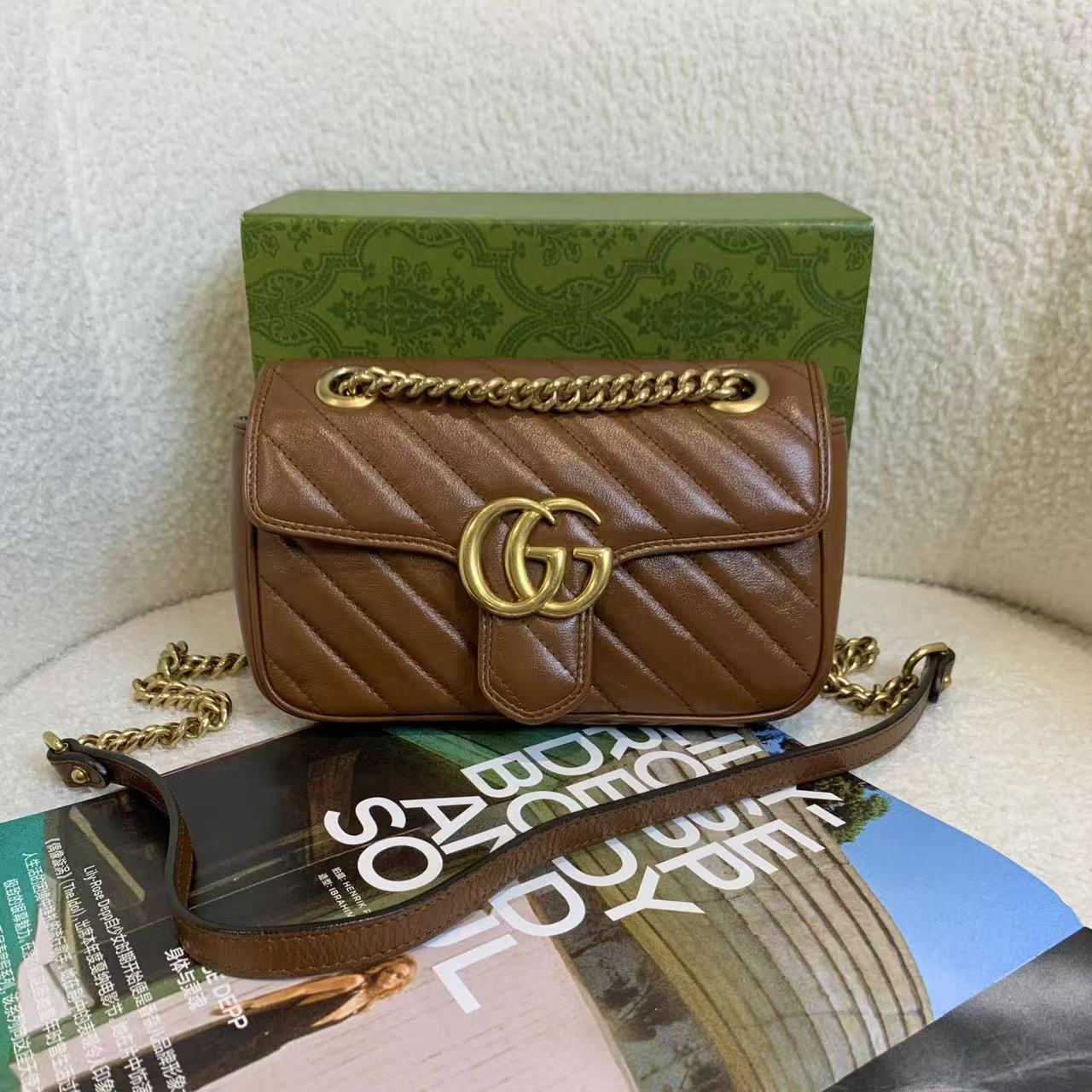 99新 GUCCI/古驰 壹臻/焦糖色马蒙22斜挎包 21532341