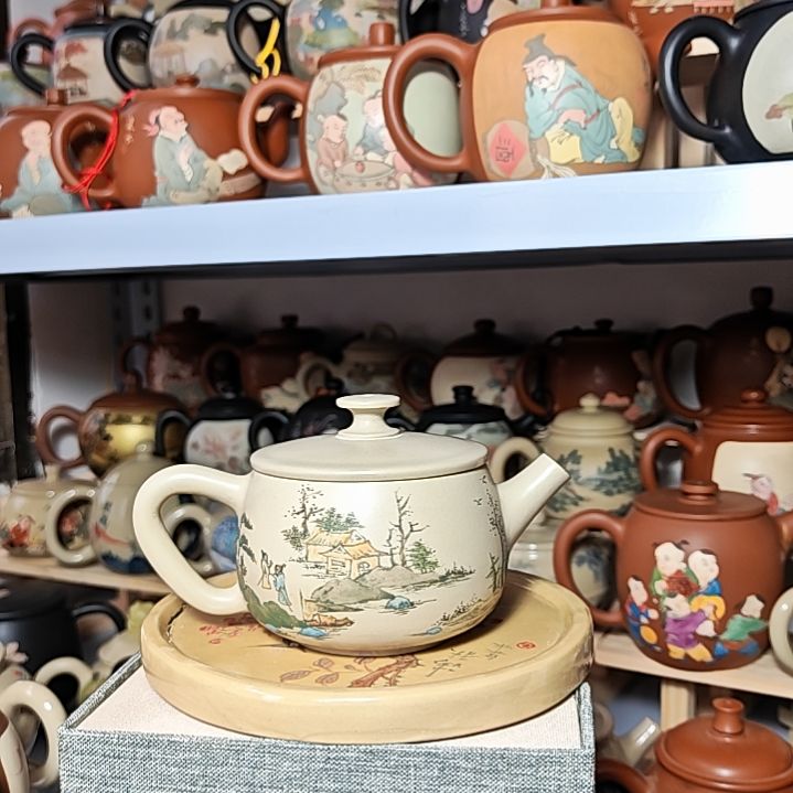 建水紫陶刻绘复烧茶壶