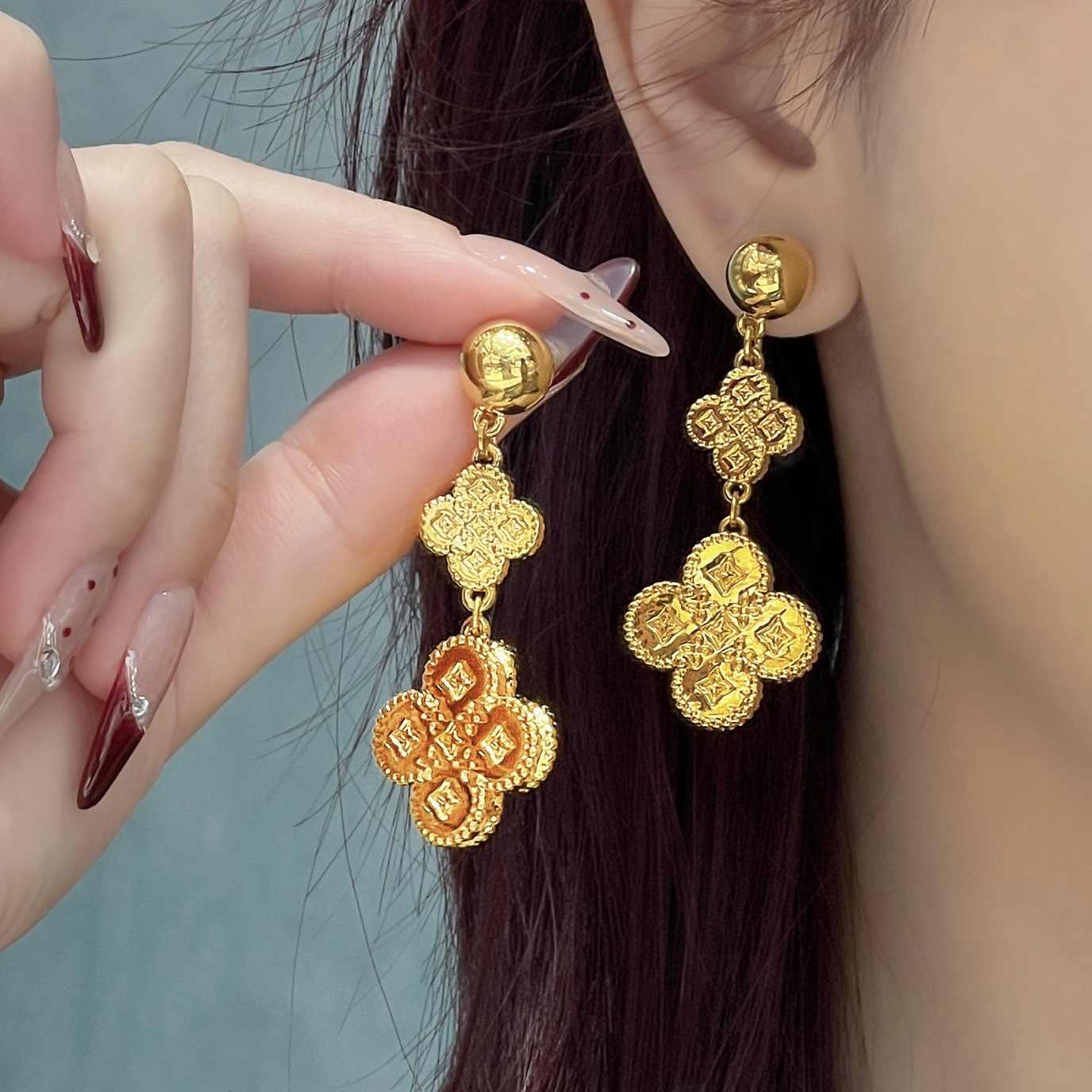 足金999四叶草流苏耳钉5D黄金流苏耳坠