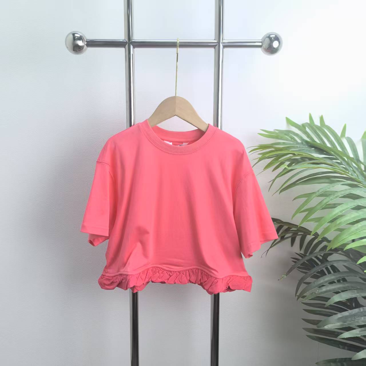 【9123】粉色下摆压花边T恤B3-11