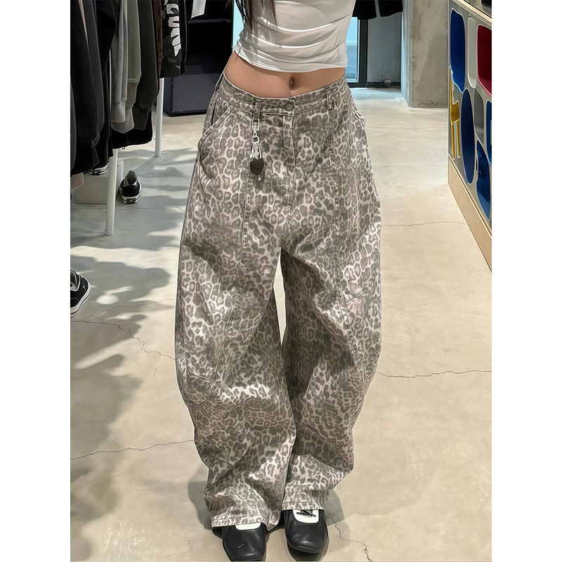 美式复古豹纹弯刀牛仔裤女夏季辣妹廓形松弛慵懒宽松阔腿拖地裤子