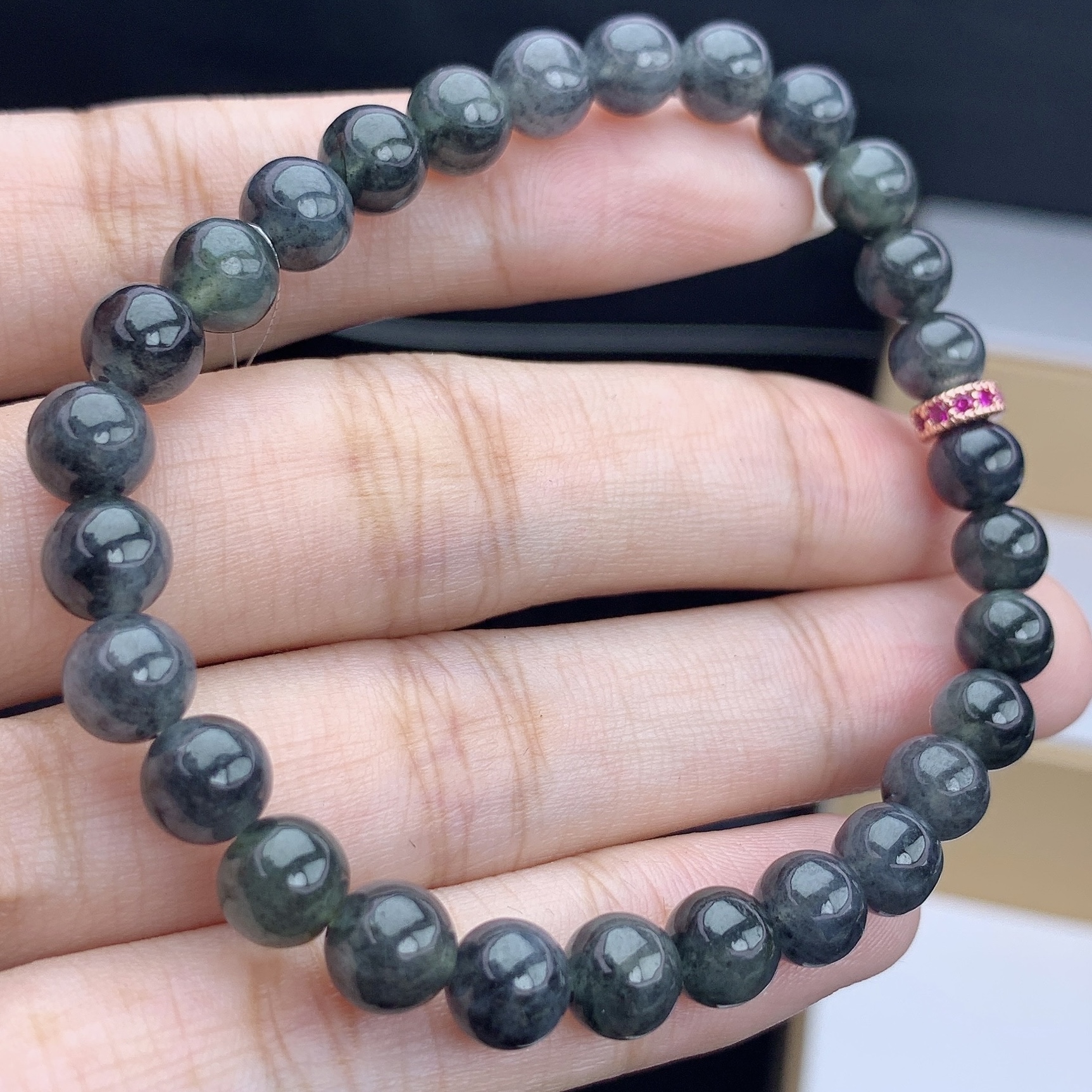 缅甸A货翡翠黑乌鸡圆珠手链手串单圈T卡6.5mm