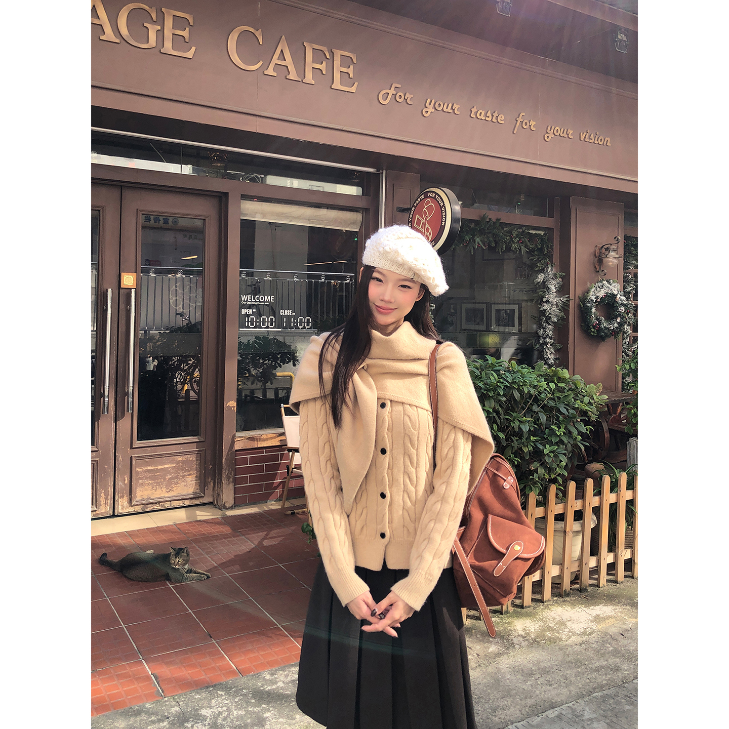 【HRG】秋冬韩系气质麻花设计感百搭浅卡其开衫针织衫6200