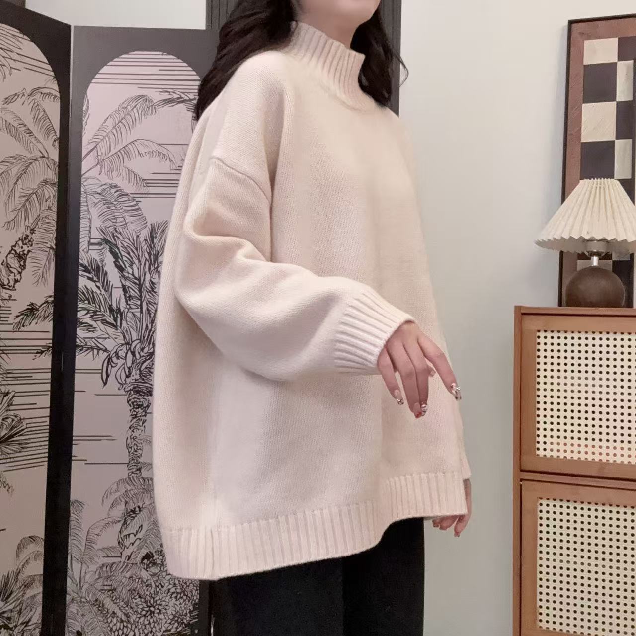 IXIAN女装-高领保暖落肩袖衫冬百搭韩版绵羊毛宽松慵懒风全羊毛