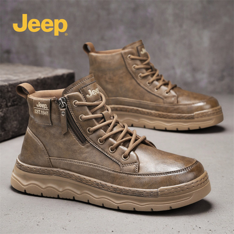 JEEP/吉普男鞋秋冬季高帮英伦风休闲皮鞋运动增高复古工装马丁靴