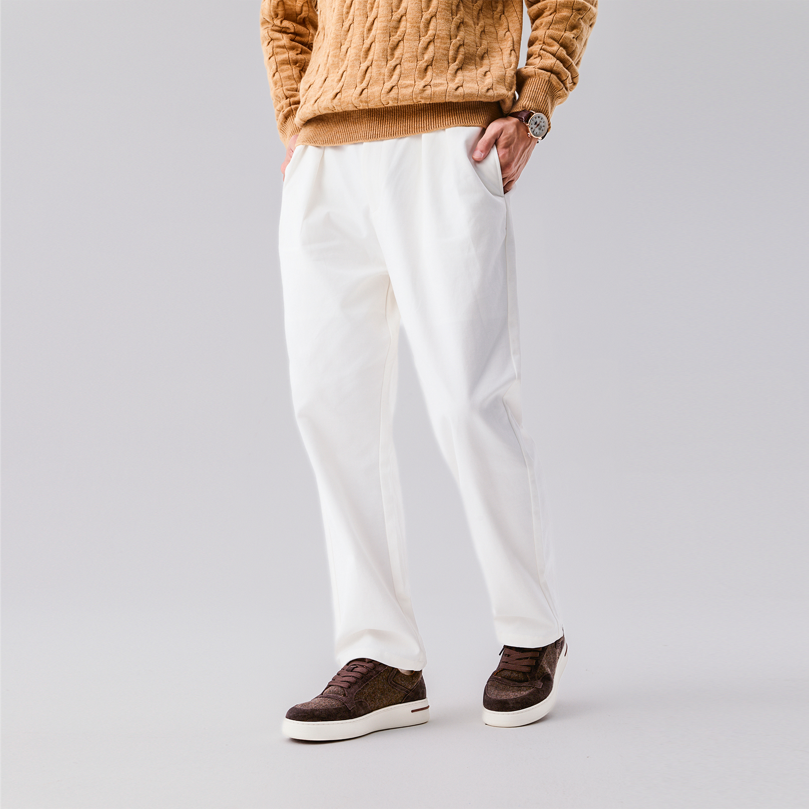 SEASONMARK新款白色纯色直筒微锥裤老钱休闲百搭舒适休闲男士长裤