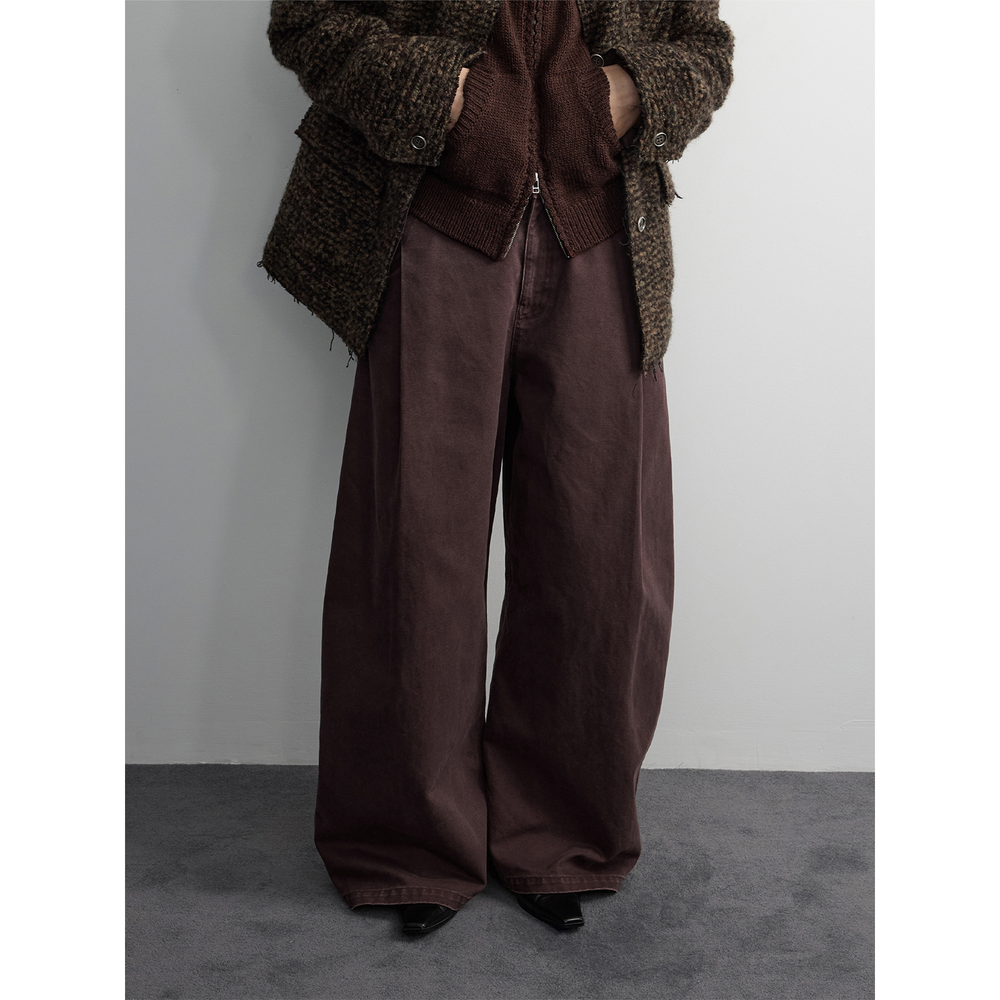 RandomPiece25冬新 棉重磅珠帆纹理褪色水洗单褶设计O型休闲裤