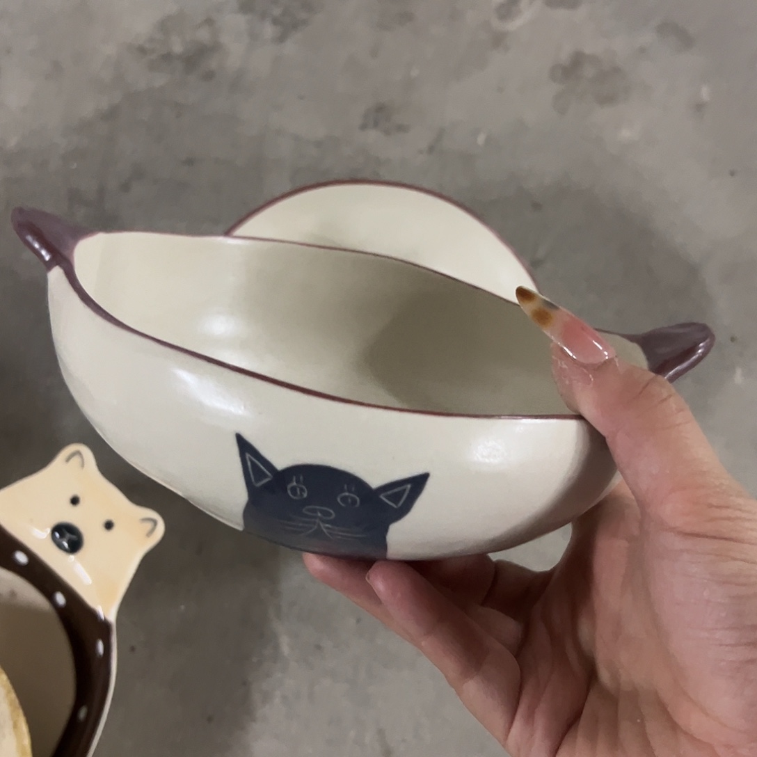 搪瓷瑕疵底部黑猫汤碗一个417