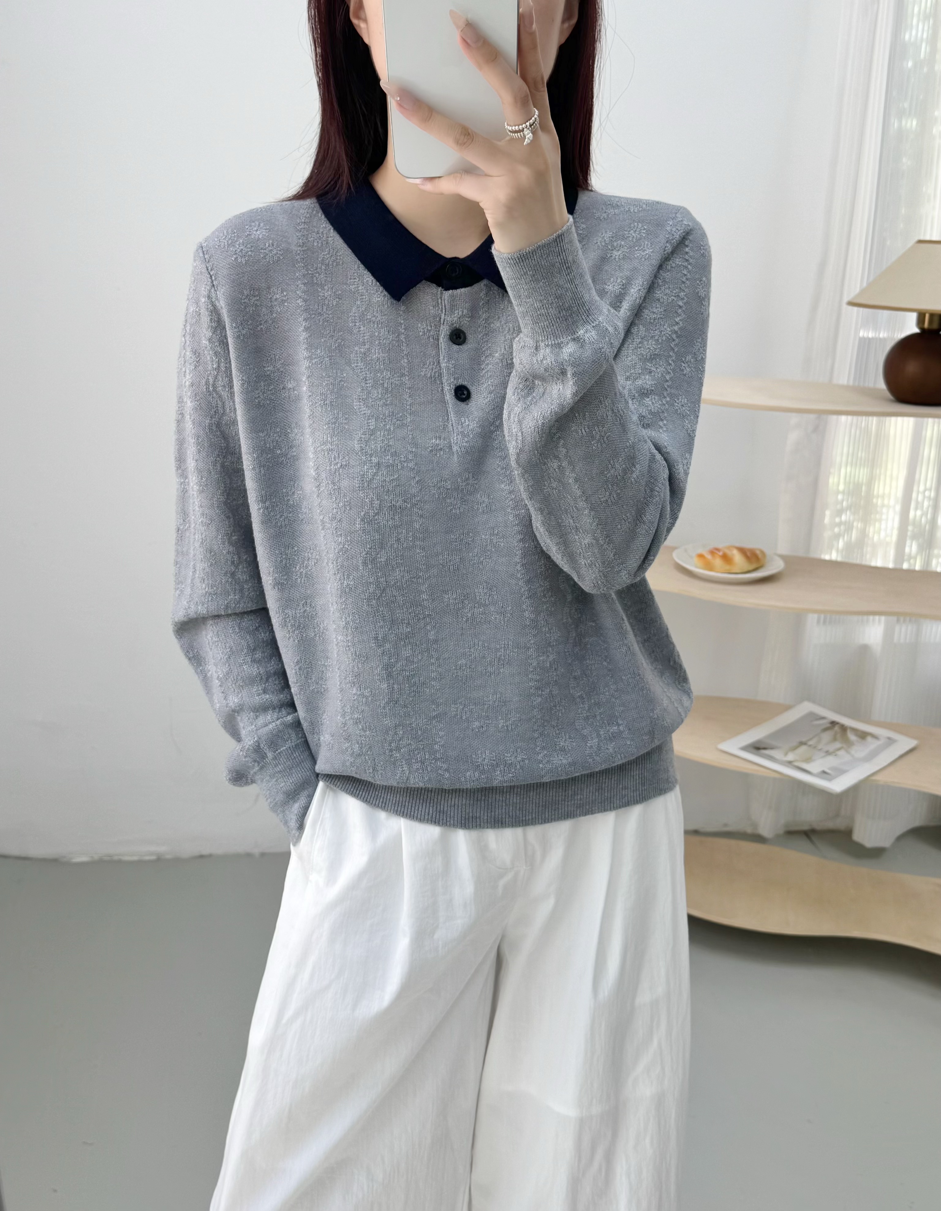 G【暮光灰】 方领时尚百搭长袖针织T恤女2025年春秋新款气质上衣
