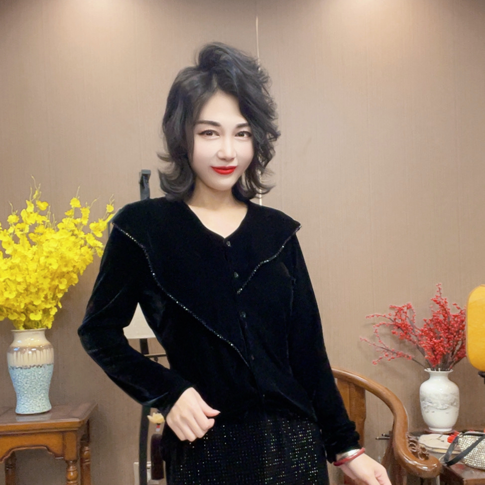 【峰姐优品】8097【QJ】时尚串珠披肩丝绒衬衫