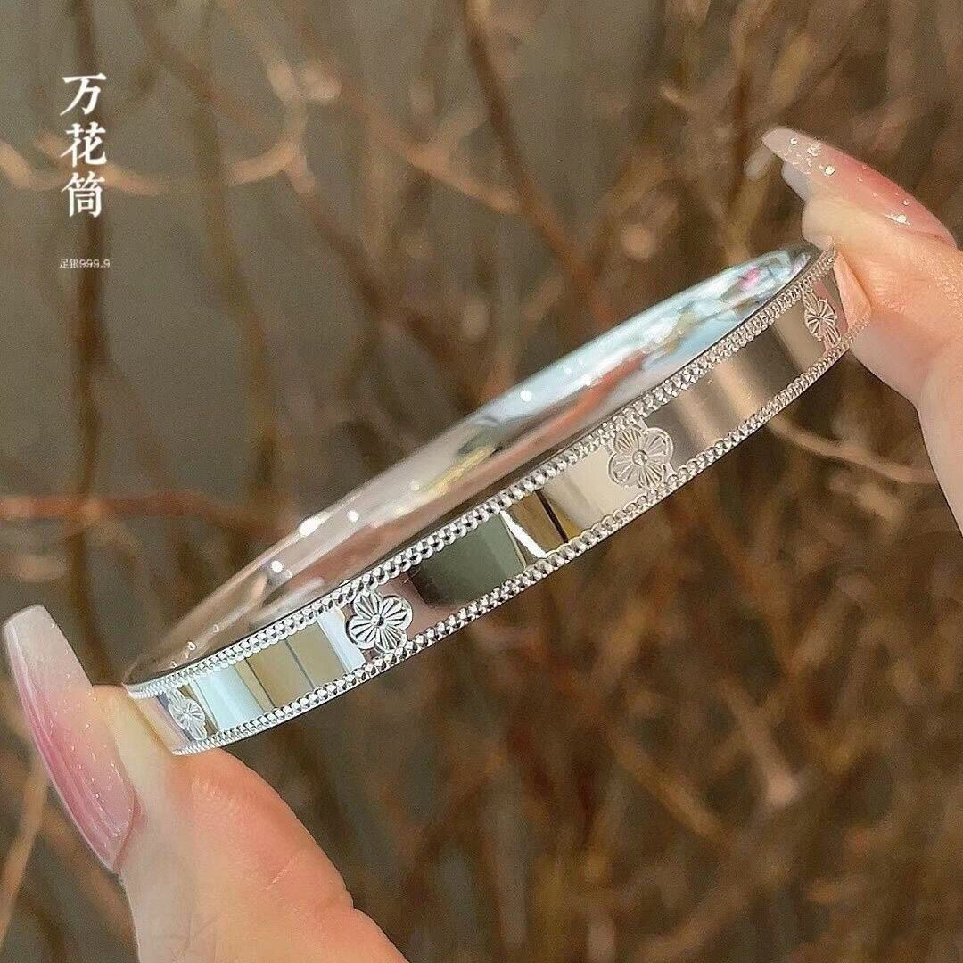 足银手镯 56号【四叶万花筒】足银999简约经典爆款手镯纯银闭口手镯