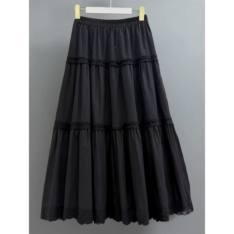 设计感拼接蕾丝花边半身裙夏2025新款气质蛋糕裙高腰褶皱裙 6112