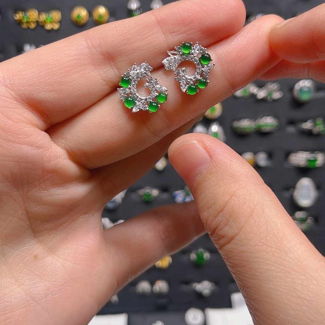 翡翠戒指银S925镶嵌耳钉