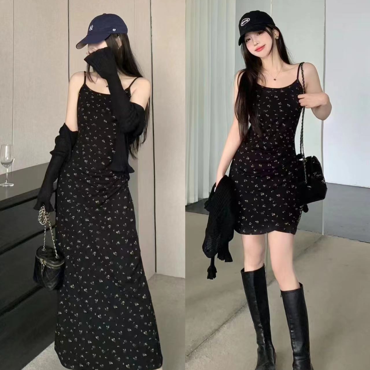 大码女装黑色碎花修身长短款吊带裙+针织防晒开衫外套两件套