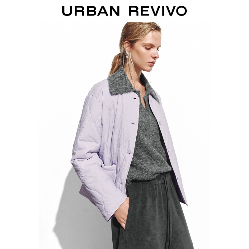 UR2025秋季新款女装休闲蝴蝶结绗缝排扣圆领棉服UYY150054